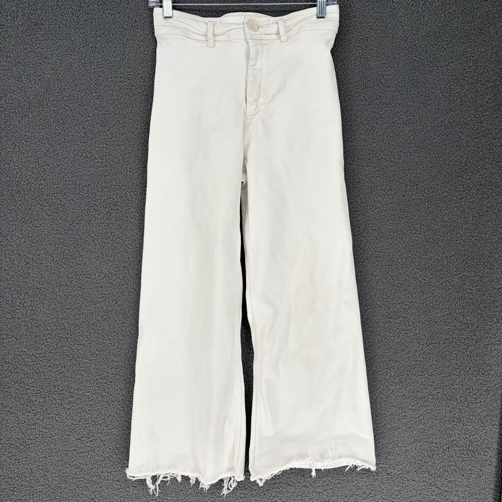 Zara Womens High Waisted Wide Leg Raw Hem Jeans Cream Off White Size 6